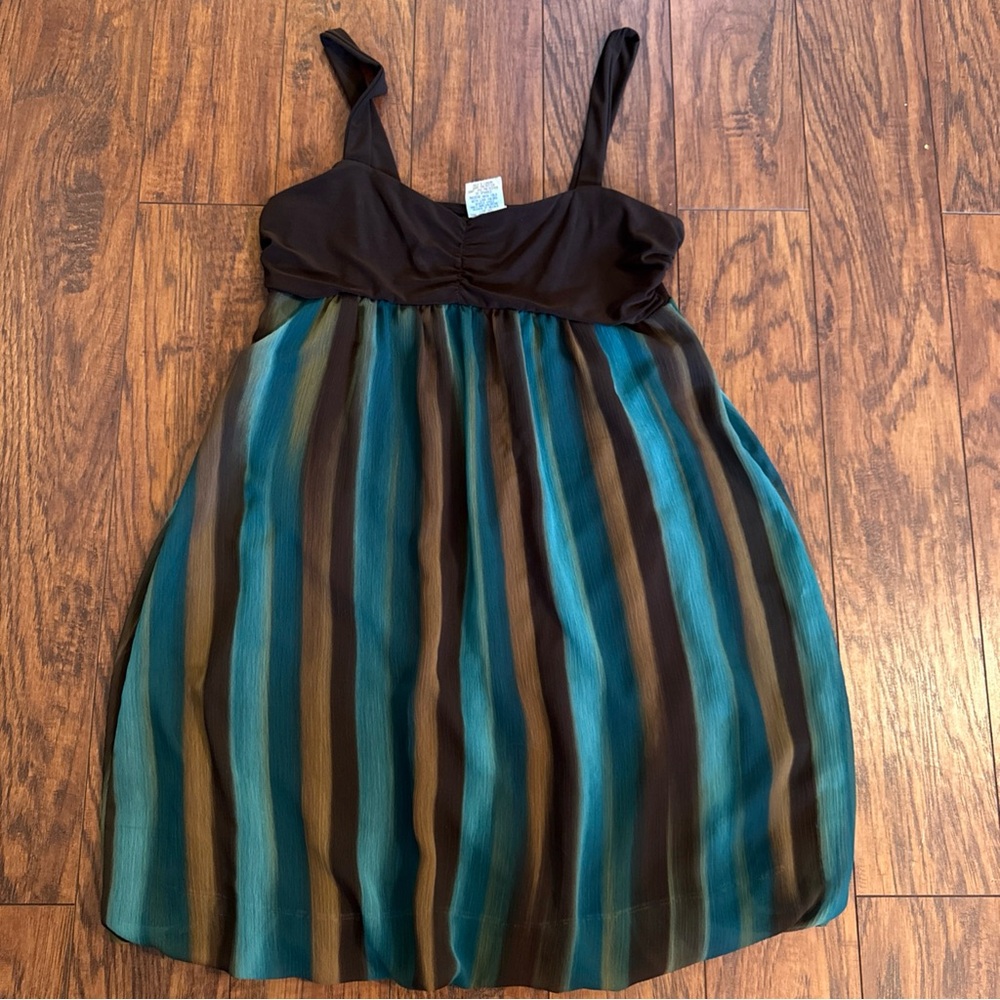 Vintage Studio Y  Women’s M Short Cocktail Babydoll Dress, Brown, Blue Striped